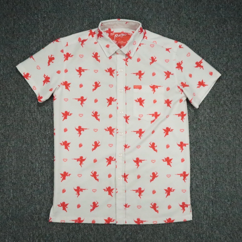 Retro Rifle Shirt Mens Small White Red Heart Breaker All Over Print Short Sleeve